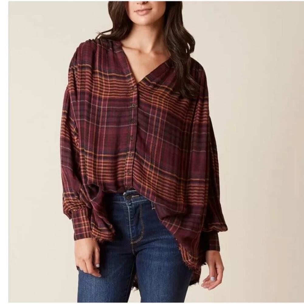 Free People Come On Over Bottom Down Plaid Top Size XS